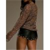 image:imageMakeMeChic Womens Sequin Crochet Sheer T Shirt Swimsuit Cover Up Beach Hollow Out Long Sleeve TopsBrown