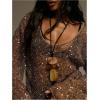 image:imageMakeMeChic Womens Sequin Crochet Sheer T Shirt Swimsuit Cover Up Beach Hollow Out Long Sleeve TopsBrown