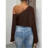 image:imageMakeMeChic Womens Sparkly Tops Off The Shoulder Sweaters Long Sleeve Cropped Sweater Party Crop TopsCoffee Brown