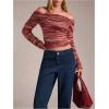 image:imageMakeMeChic Womens Striped Fuzzy Sweater Cropped Off The Shoulder Long Sleeve Y2k Pullover TopsRed