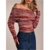 image:imageMakeMeChic Womens Striped Fuzzy Sweater Cropped Off The Shoulder Long Sleeve Y2k Pullover TopsRed