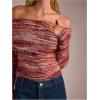 image:imageMakeMeChic Womens Striped Fuzzy Sweater Cropped Off The Shoulder Long Sleeve Y2k Pullover TopsRed