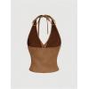 image:imageMakeMeChic Womens Suede Fringe Halter Crop Tops Tie Backless Button Down Western Cowgirl TopKhaki