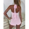 image:imageMakeMeChic Womens Summer 2 Piece Sets Striped Knit Halter Tank Tops Mini Shorts Set Beach Vacation OutfitsPink White