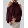 image:imageMakeMeChic Womens Summer Outfits Cold Shoulder Halter Blouse Long Sleeve Tie Back Sheer Crop TopsCoffee Brown