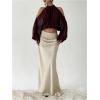 image:imageMakeMeChic Womens Summer Outfits Cold Shoulder Halter Blouse Long Sleeve Tie Back Sheer Crop TopsCoffee Brown