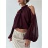 image:imageMakeMeChic Womens Summer Outfits Cold Shoulder Halter Blouse Long Sleeve Tie Back Sheer Crop TopsCoffee Brown