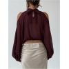 image:imageMakeMeChic Womens Summer Outfits Cold Shoulder Halter Blouse Long Sleeve Tie Back Sheer Crop TopsCoffee Brown