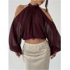 image:imageMakeMeChic Womens Summer Outfits Cold Shoulder Halter Blouse Long Sleeve Tie Back Sheer Crop TopsCoffee Brown