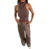 image:imageMakeMeChic Womens Summer Satin Silk Pants Casual Flowy Pants Beach Vacation Wide Leg PantsBlue and Brown