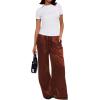 image:imageMakeMeChic Womens Summer Satin Silk Pants Casual Flowy Pants Beach Vacation Wide Leg PantsRust Brown