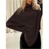 image:imageMakeMeChic Womens Turtleneck Cape Poncho Sweater Oversized Rib Knitted High Neck Long Sleeve Asymmetrical TopsBrown