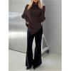 image:imageMakeMeChic Womens Turtleneck Cape Poncho Sweater Oversized Rib Knitted High Neck Long Sleeve Asymmetrical TopsBrown