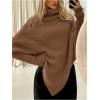 image:imageMakeMeChic Womens Turtleneck Cape Poncho Sweater Oversized Rib Knitted High Neck Long Sleeve Asymmetrical TopsBrown a