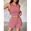 image:imageMakeMeChic Womens Two Piece Striped Outfits Crew Neck Crop Tank Tops and Shorts SetRed and White