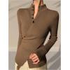 image:imageMakeMeChic Womens Wrap Cross Mock Neck Sweater Long Sleeve Button Front Knitted Pullover TopsCoffee Brown