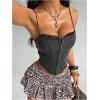 image:imageMakeMeChic Womens Y2K Denim Corset Spaghetti Strap Crop Top Contrast Lace Camisole TopsDark Grey