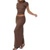 image:imageMakeMeChic Womens 2 Piece Knit Outfit Mock Neck Short Sleeve Crop Top and Maxi Skirt Matching SetBrown