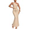image:imageMakeMeChic Womens 2 Piece Summer Outfit Striped One Shoulder Crop Tops and Drawstring Maxi Skirt SetBeige