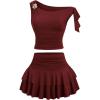 image:imageMakeMeChic Womens 2 Piece Summer Outfits Brown Metal 3D Floral Asymmetrical Tops and Ruffle Tiered Mini Skirt SetsBurgundy