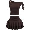 image:imageMakeMeChic Womens 2 Piece Summer Outfits Brown Metal 3D Floral Asymmetrical Tops and Ruffle Tiered Mini Skirt SetsCoffee Brown