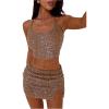 image:imageMakeMeChic Womens 2 Piece Summer Outfits Glitter Sequin Tie Open Back Halter Crop Top and Mini Skirts Party SetKhaki
