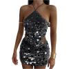 image:imageMakeMeChic Womens 2 Piece Summer Outfits Sparkly Glitter Sequin Halter Crop Top and Bodycon Mini Skirt SetsBlack