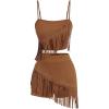 image:imageMakeMeChic Womens 2 Piece Summer Outfits Suede Fringe Sleeveless Cami Top and Shorts Cowgirl SetsBrown