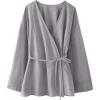 image:imageMakeMeChic Womens Casual Fall Linen Tops Wrap V Neck Belted Long Sleeve Blouse Office ShirtGrey