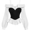 image:imageMakeMeChic Womens Corset Tops Lantern Sleeve Cold Shoulder Blouse Color Block Renaissance Shirt Spring TopBlack and White