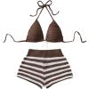 image:imageMakeMeChic Womens Crochet Two Piece Cover Up Outfit Halter Tie Backless Bikini Top and Striped Shorts SetBrown
