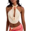 image:imageMakeMeChic Womens Draped Neck Halter Top 3D Floral Backless Sleeveless Summer Beach Vacation Crop Tank TopsApricot