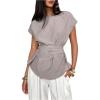 image:imageMakeMeChic Womens Elegant Office Top Belted Short Sleeve Blouse Boat Neck Classy Formal ShirtKhaki