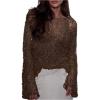 image:imageMakeMeChic Womens Glitter Sequin Tops Crochet Sweater Sparkly Long Sleeve Crew Neck Party Sheer TopBrown