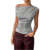 image:imageMakeMeChic Womens Metallic Sparkly Off The Shoulder Tops Ruched Sleeveless Fitted Party Tee ShirtSilver