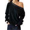 image:imageMakeMeChic Womens Off The Shoulder Sweater Grunge Long Sleeve Rivet Studded Punk Pullovers TopBlack