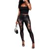 image:imageMakeMeChic Womens PU Leather Rivet Studded Pants Floral Lace Elastic Waist Party TrousersBlack