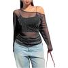 image:imageMakeMeChic Womens Plus Size Y2K Tops Asymmetrical Mesh Sheer Long Sleeve Going Out Tops Tee ShirtsBlack