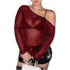 image:imageMakeMeChic Womens Plus Size Y2K Tops Asymmetrical Mesh Sheer Long Sleeve Going Out Tops Tee ShirtsBurgundy