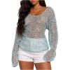 image:imageMakeMeChic Womens Sequin Crochet Sheer T Shirt Swimsuit Cover Up Beach Hollow Out Long Sleeve TopsBlue
