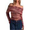 image:imageMakeMeChic Womens Striped Fuzzy Sweater Cropped Off The Shoulder Long Sleeve Y2k Pullover TopsRed