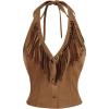 image:imageMakeMeChic Womens Suede Fringe Halter Crop Tops Tie Backless Button Down Western Cowgirl TopKhaki