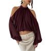 image:imageMakeMeChic Womens Summer Outfits Cold Shoulder Halter Blouse Long Sleeve Tie Back Sheer Crop TopsCoffee Brown
