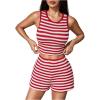 image:imageMakeMeChic Womens Two Piece Striped Outfits Crew Neck Crop Tank Tops and Shorts SetRed and White