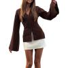 image:imageMakeMeChic Womens Y2K Long Bell Sleeve Cardigans Sweater V Neck Button Down Open Front Knit Fall ClothesCoffee Brown
