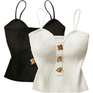 image:imageMakeMeChic Womens 2 Pack Spaghetti Strap Camisole Metal Decor Sleeveless Tank Crop TopsBlack and White