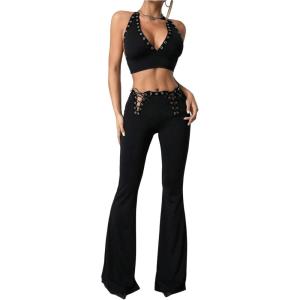 image:imageMakeMeChic Womens 2 Piece Concert Rave Outfits Grunge Halter Top and Flared Leg Pants Y2K Matching SetBlack