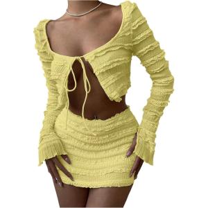 image:imageMakeMeChic Womens 2 Piece Fall Outfit Long Sleeve Crop Top and Mini Skirt Matching SetYellow