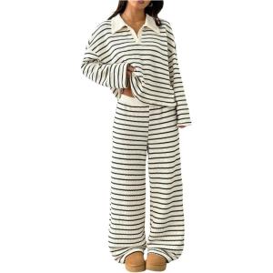 image:imageMakeMeChic Womens 2 Piece Sets Striped Long Sleeve Collared Tops Shirt Wide Leg Pants Fall OutfitsBlack and White