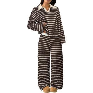 image:imageMakeMeChic Womens 2 Piece Sets Striped Long Sleeve Collared Tops Shirt Wide Leg Pants Fall OutfitsBrown